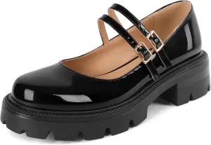 Soireelady Womens Chunky Mary Janes Platform Low Heel Pumps Round Toe Ankle Strap Oxford Uniform Dress Shoes 2 Inch
