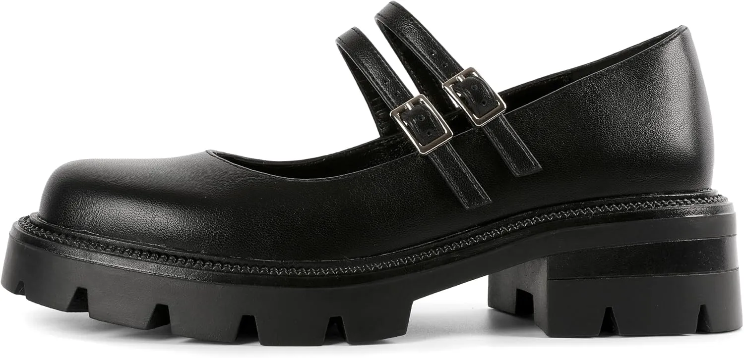 Soireelady Womens Chunky Mary Janes Platform Low Heel Pumps Round Toe Ankle Strap Oxford Uniform Dress Shoes 2 Inch