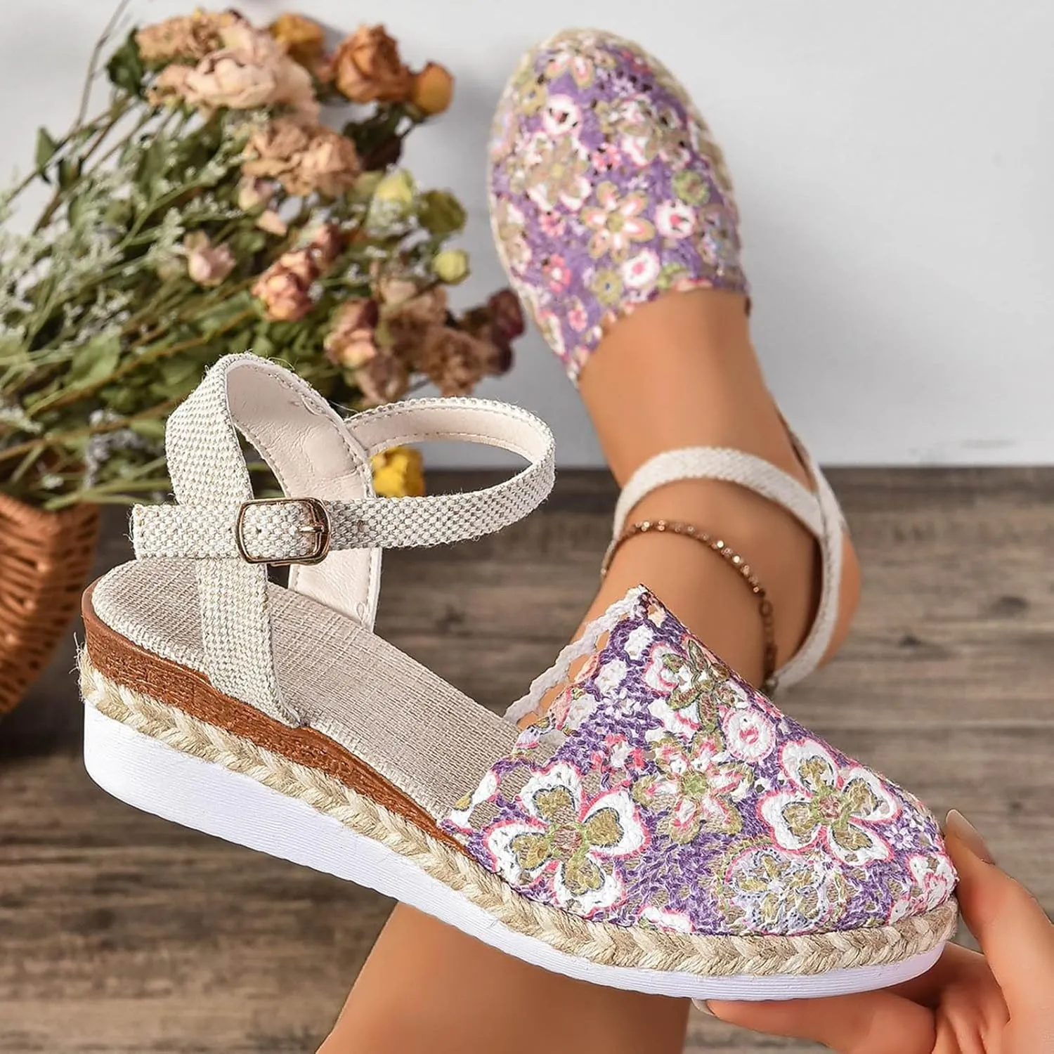 Toe Covered Sandals for Women Ankle Strap Closed Toe Elegant Dressy Espadrille Wedge Beach Holiday Fashion Boho Shoes