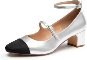 Trary Mary Jane Shoes Women Chunky Block Heels Mary Janes Dress Shoes for Women Close Cap Toe 2.2 Inch Women's Pumps Shoes with Buckle Double Strap Comfy Pumps for Office Party Casual Wedding