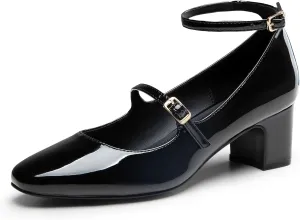 Trary Mary Jane Shoes Women Chunky Block Heels Mary Janes Dress Shoes for Women Close Cap Toe 2.2 Inch Women's Pumps Shoes with Buckle Double Strap Comfy Pumps for Office Party Casual Wedding
