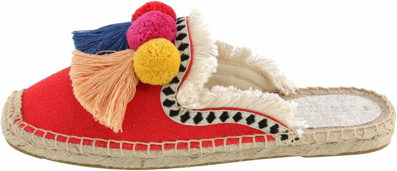 U-lite Women's Comfort Red Tassel & Fluffy Ball Embellishment Canvas Mule Shoes Espadrilles