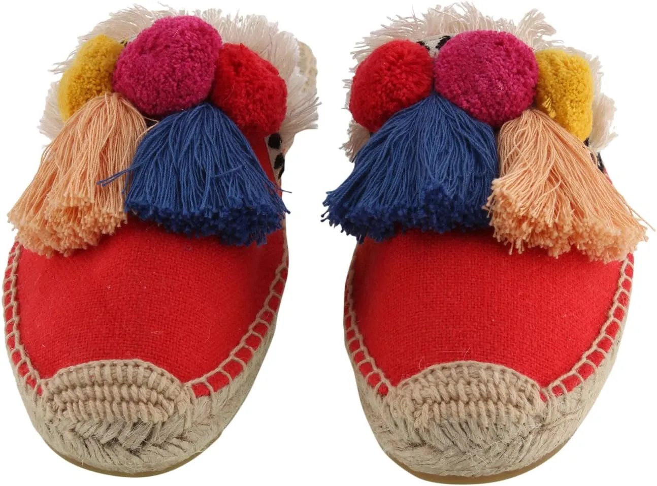 U-lite Women's Comfort Red Tassel & Fluffy Ball Embellishment Canvas Mule Shoes Espadrilles
