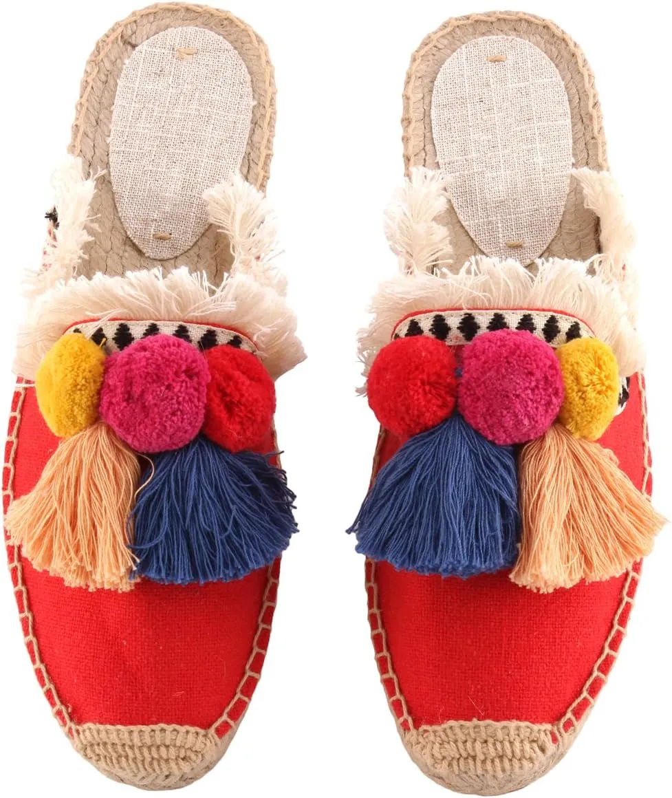 U-lite Women's Comfort Red Tassel & Fluffy Ball Embellishment Canvas Mule Shoes Espadrilles