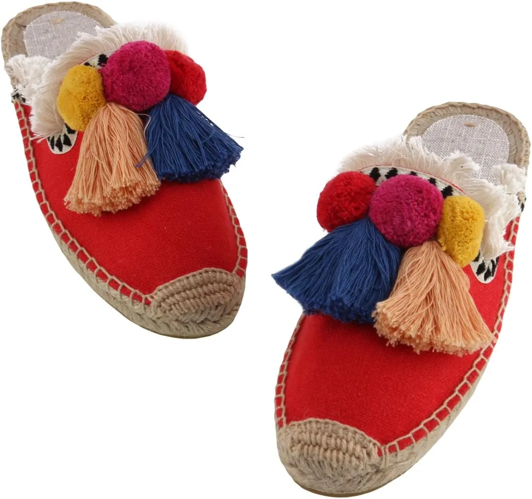 U-lite Women's Comfort Red Tassel & Fluffy Ball Embellishment Canvas Mule Shoes Espadrilles