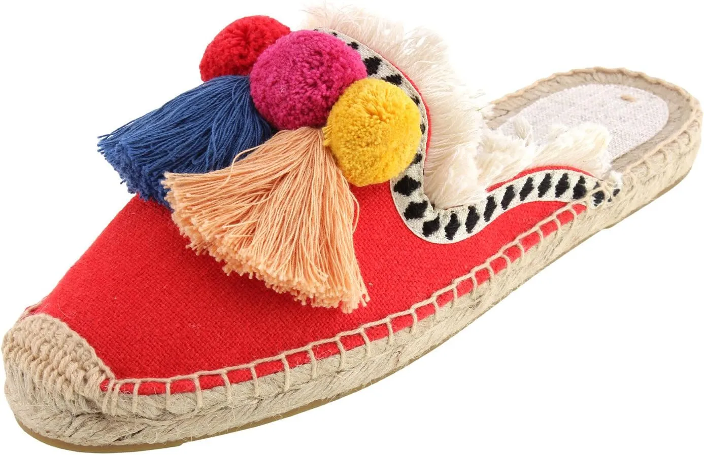 U-lite Women's Comfort Red Tassel & Fluffy Ball Embellishment Canvas Mule Shoes Espadrilles