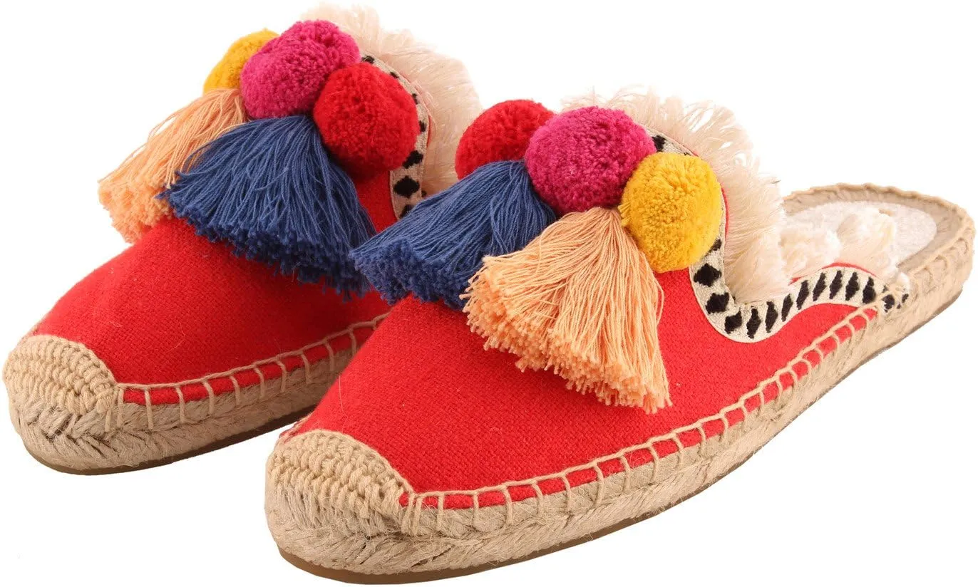 U-lite Women's Comfort Red Tassel & Fluffy Ball Embellishment Canvas Mule Shoes Espadrilles