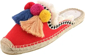 U-lite Women's Comfort Red Tassel & Fluffy Ball Embellishment Canvas Mule Shoes Espadrilles