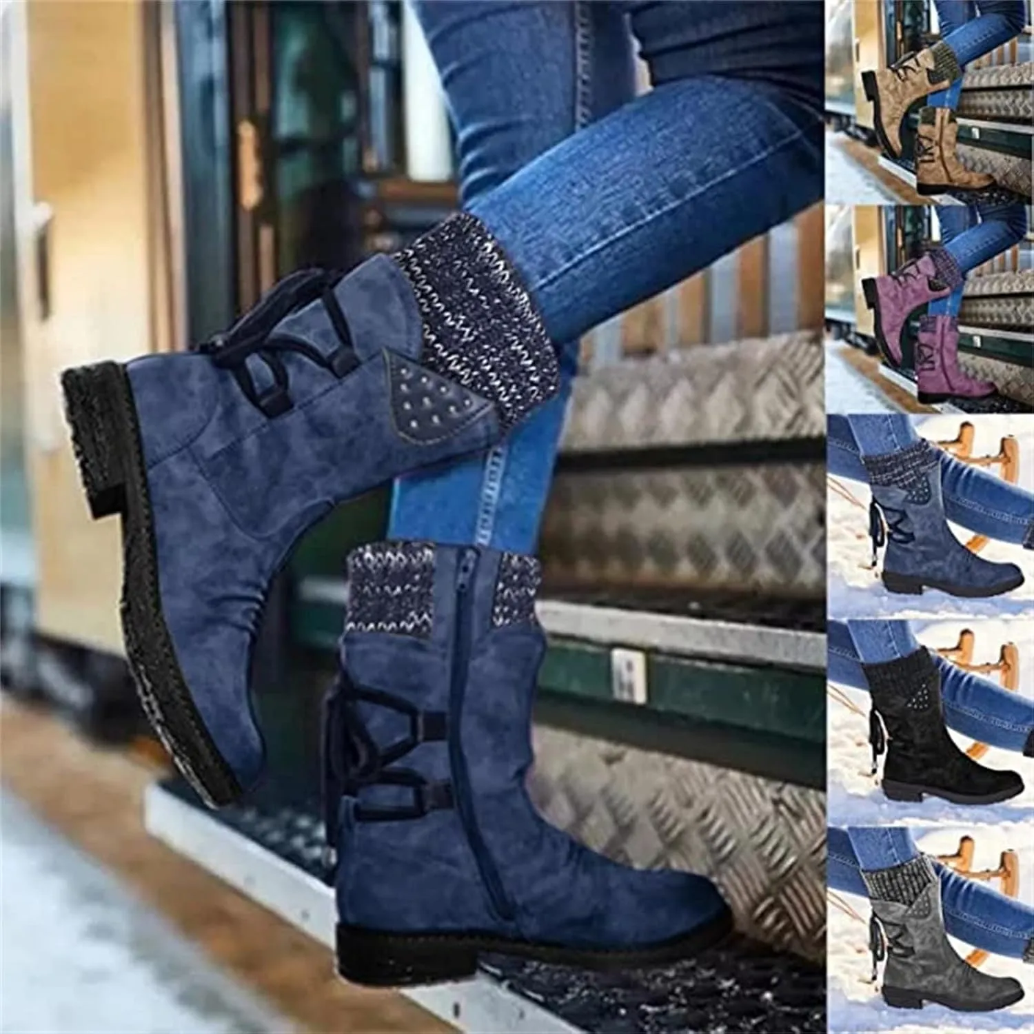 Winter Boots For Women Fashion 2022 Outdoor Walking Mid Calf Lace Up Side Zipper Low Heel Platform Military Combat Boot