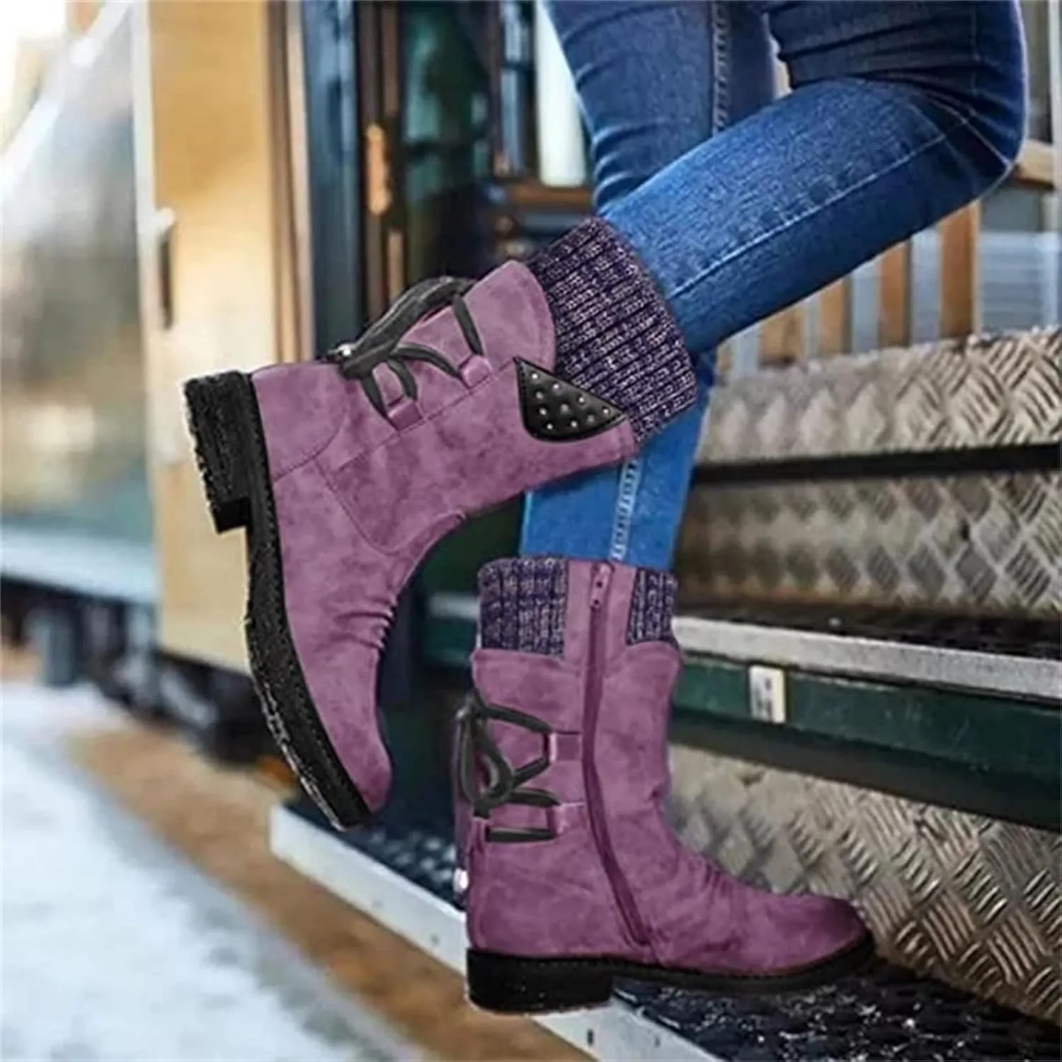 Winter Boots For Women Fashion 2022 Outdoor Walking Mid Calf Lace Up Side Zipper Low Heel Platform Military Combat Boot