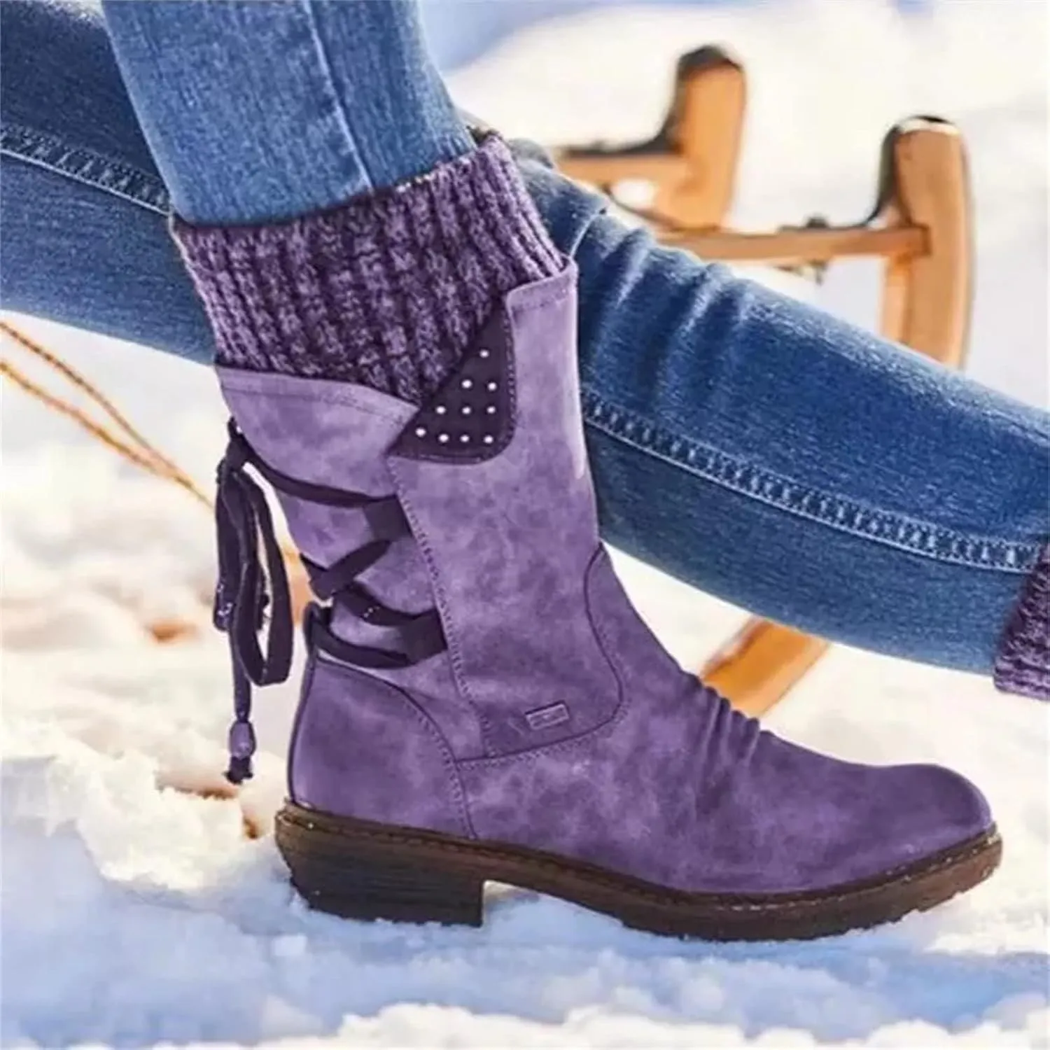 Winter Boots For Women Fashion 2022 Outdoor Walking Mid Calf Lace Up Side Zipper Low Heel Platform Military Combat Boot