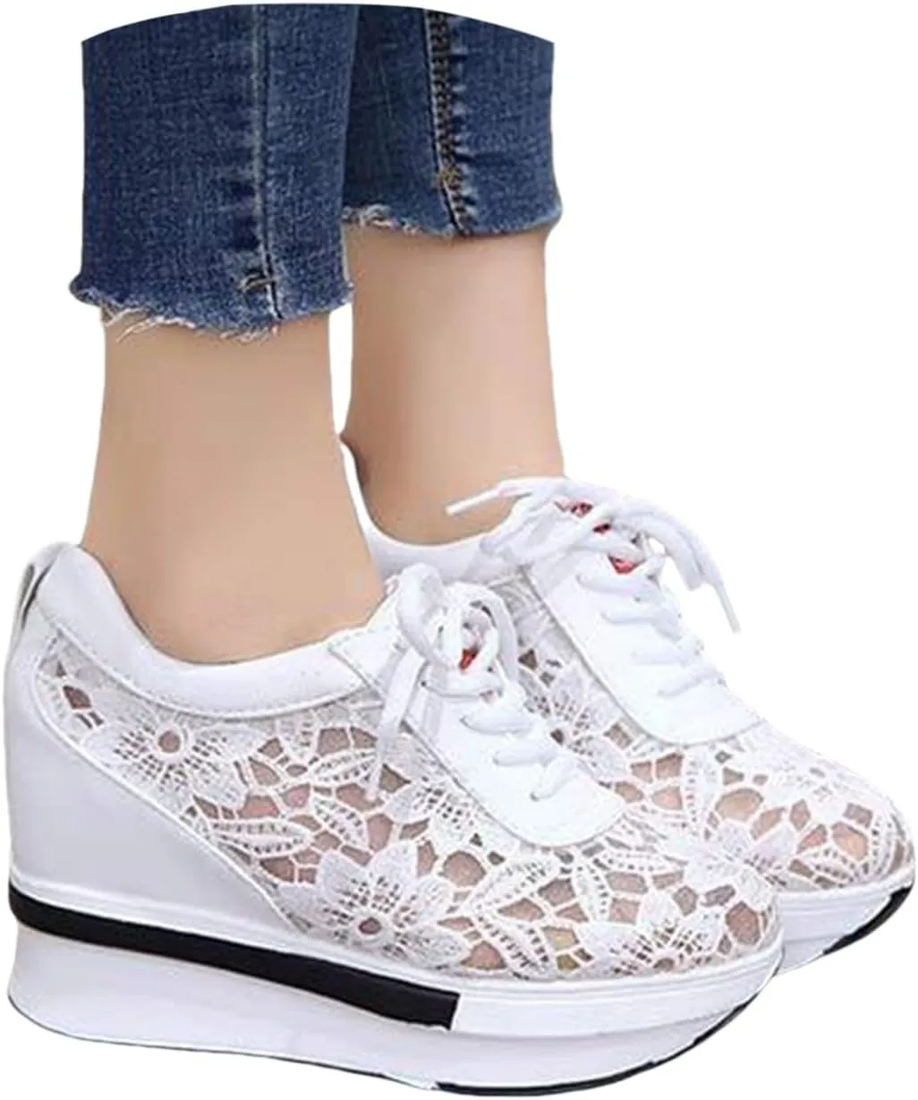Women Fashion Platform Sneakers High Hidden Heel Wedge Walking Shoes Brides Wedding Shoes Women's Fashion Sneakers High Chunky Heel Loafers Platform Hidden Heels for Women with Ankle Walking Shoes