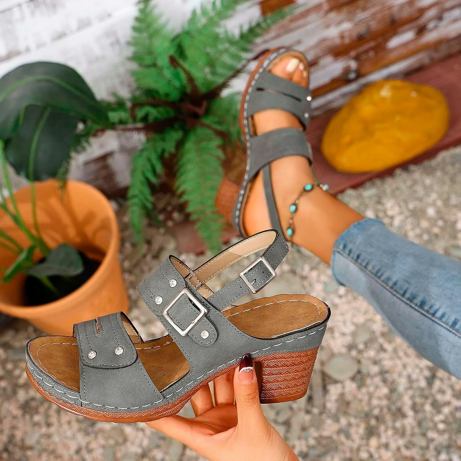 Women Summer Solid Buckle Strap Casual Open Toe Square Heels Comfortable Beach Shoes Sandals Double Buckle Sandals for Women