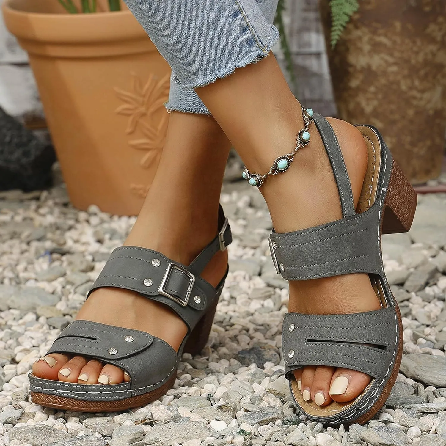 Women Summer Solid Buckle Strap Casual Open Toe Square Heels Comfortable Beach Shoes Sandals Double Buckle Sandals for Women