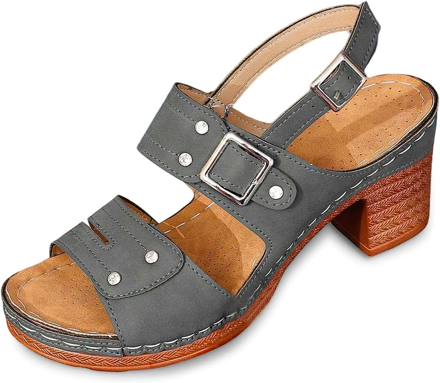 Women Summer Solid Buckle Strap Casual Open Toe Square Heels Comfortable Beach Shoes Sandals Double Buckle Sandals for Women