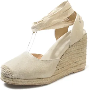 Women's Canvas Espadrilles Wedge Sandals,Backless Closed Toe Ankle Strap Dressy Platform Sandals Ankle-Tie Breathable Dress Shoes Casual Bohemian Beach Sandals