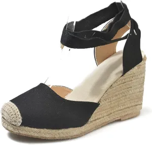 Women's Canvas Espadrilles Wedge Sandals,Backless Closed Toe Ankle Strap Dressy Platform Sandals Ankle-Tie Breathable Dress Shoes Casual Bohemian Beach Sandals