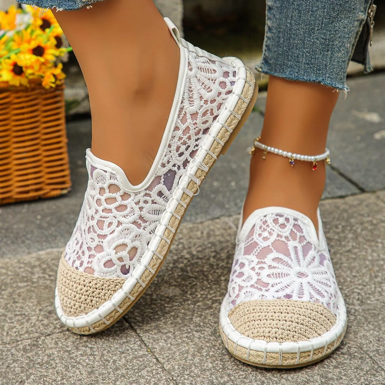 Women's Casual Lace Low Heel Slip On Comfortable Shoes for Daily Wear Beach Walking Dating Outfits Spring Summer