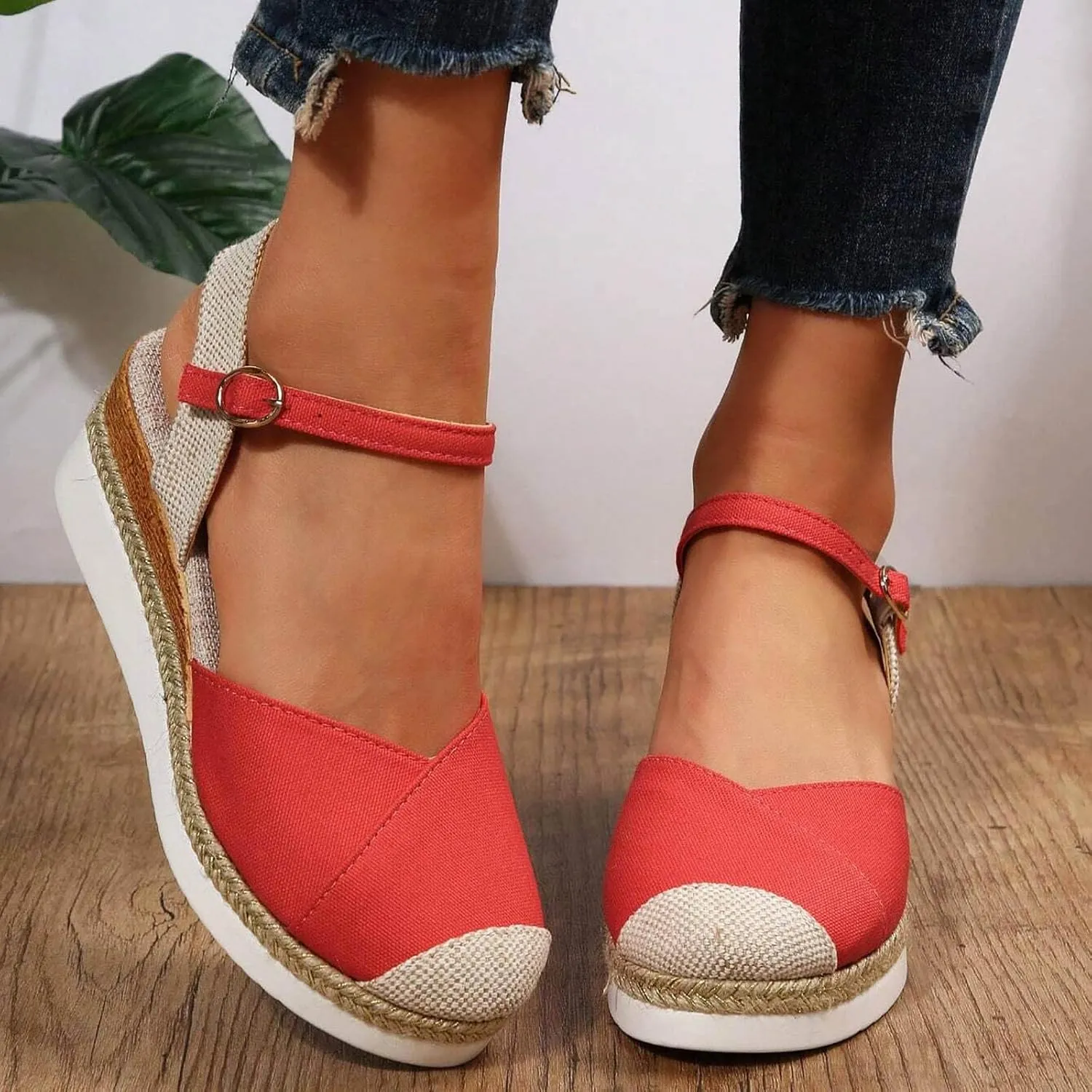 Women's Closed Toe Canvas Espadrilles Wedge Sandals Orthopedic Wedge Platform Ankle Strap Sandal Summer Dressy Wedge Sandals Beach Casual Shoes