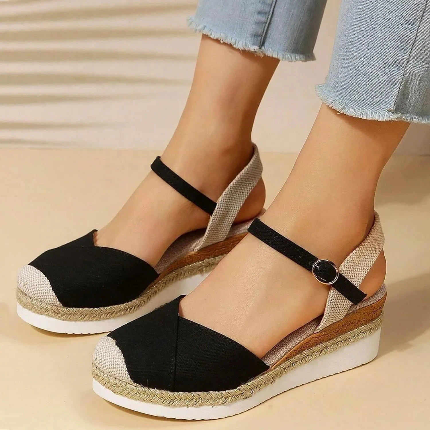 Women's Closed Toe Canvas Espadrilles Wedge Sandals Orthopedic Wedge Platform Ankle Strap Sandal Summer Dressy Wedge Sandals Beach Casual Shoes