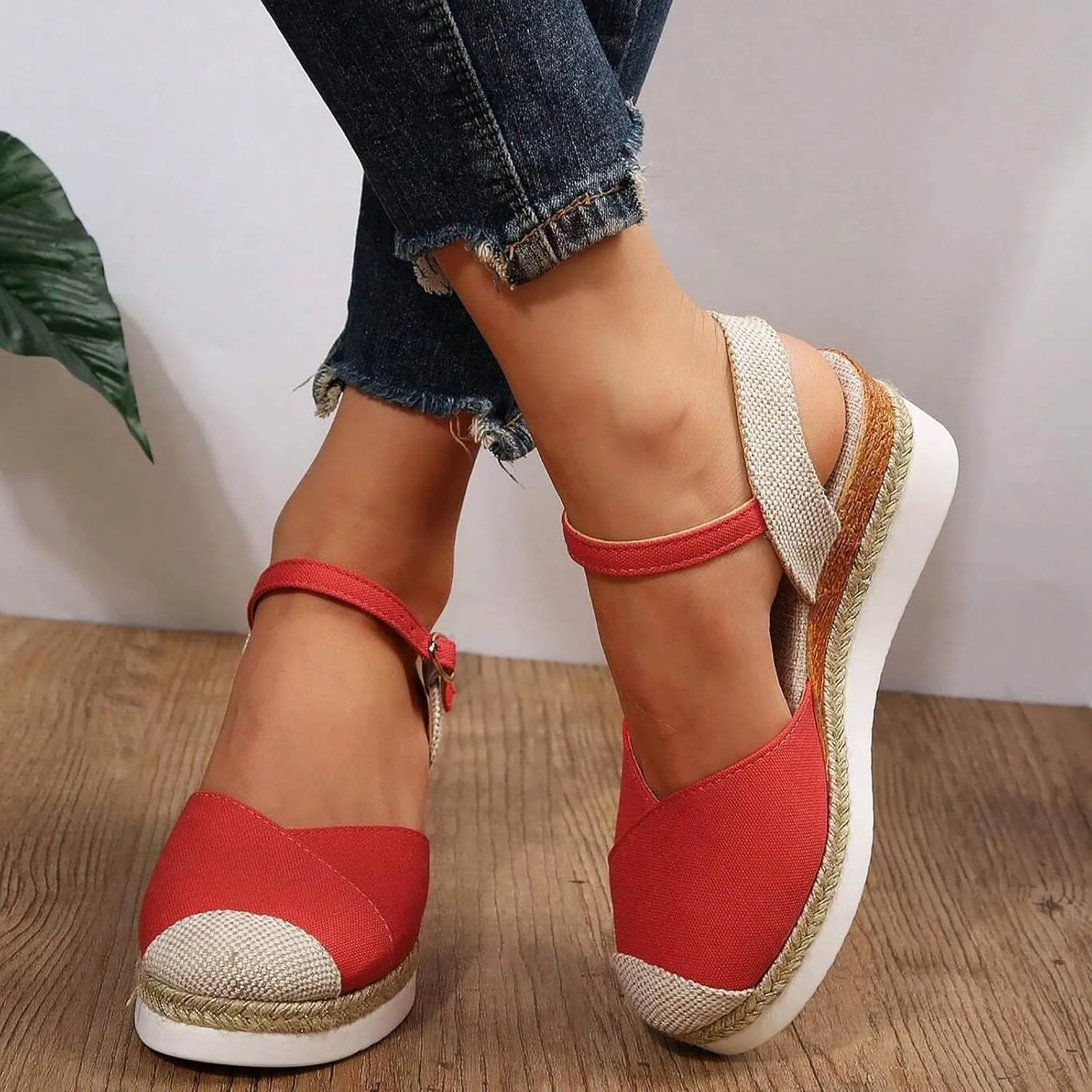 Women's Closed Toe Canvas Espadrilles Wedge Sandals Orthopedic Wedge Platform Ankle Strap Sandal Summer Dressy Wedge Sandals Beach Casual Shoes