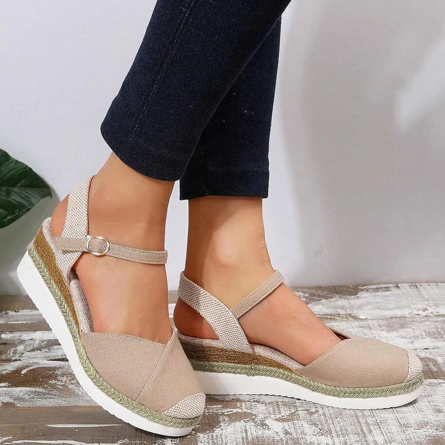 Women's Closed Toe Canvas Espadrilles Wedge Sandals Orthopedic Wedge Platform Ankle Strap Sandal Summer Dressy Wedge Sandals Beach Casual Shoes