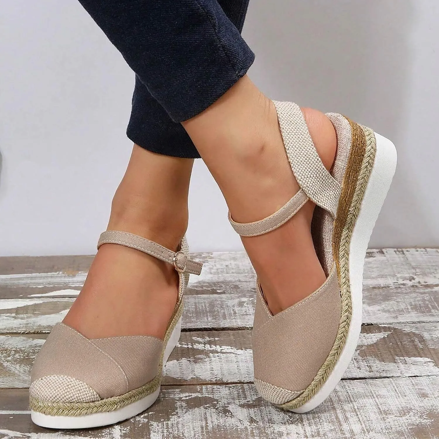 Women's Closed Toe Canvas Espadrilles Wedge Sandals Orthopedic Wedge Platform Ankle Strap Sandal Summer Dressy Wedge Sandals Beach Casual Shoes