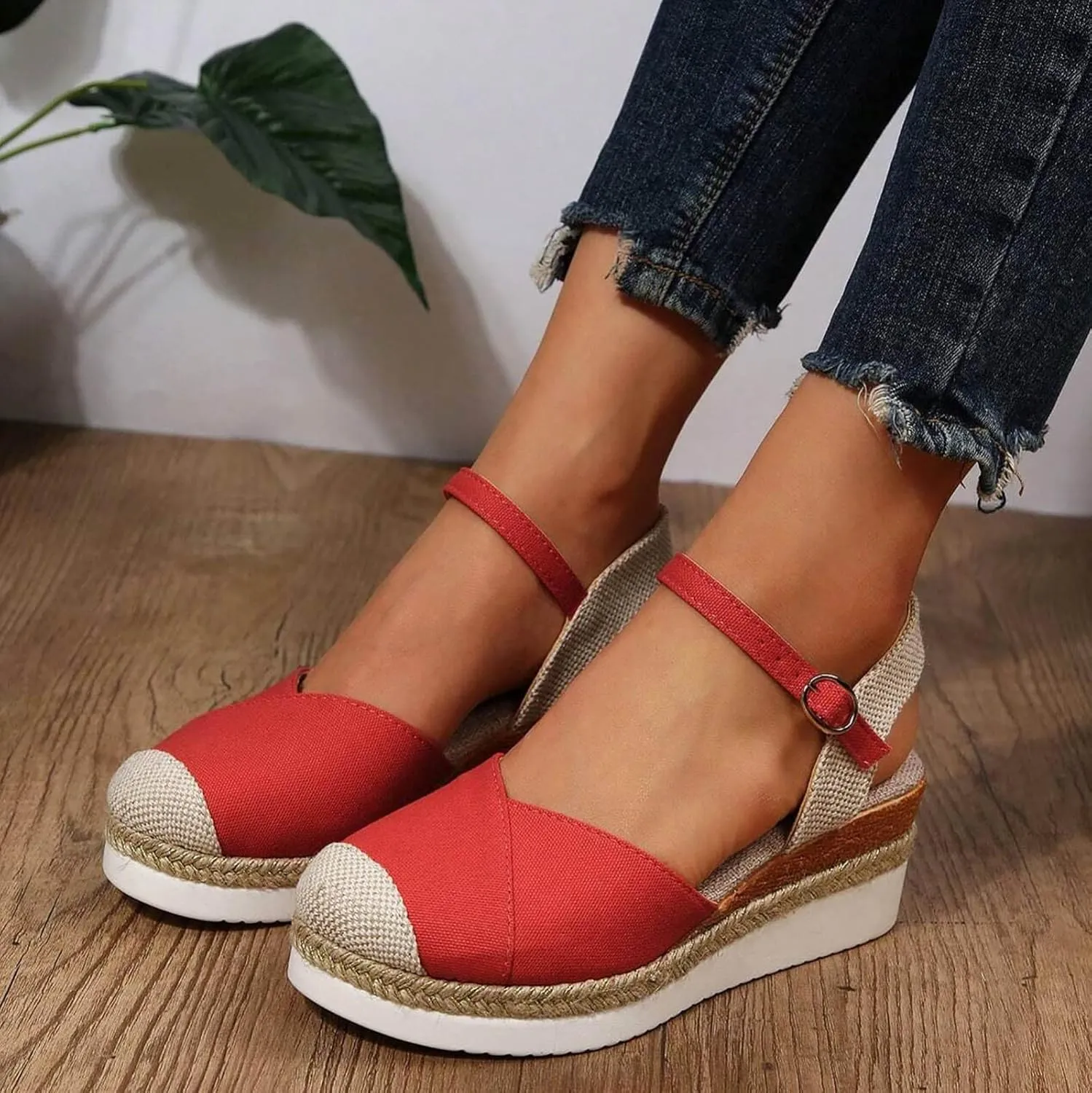 Women's Closed Toe Canvas Espadrilles Wedge Sandals Orthopedic Wedge Platform Ankle Strap Sandal Summer Dressy Wedge Sandals Beach Casual Shoes