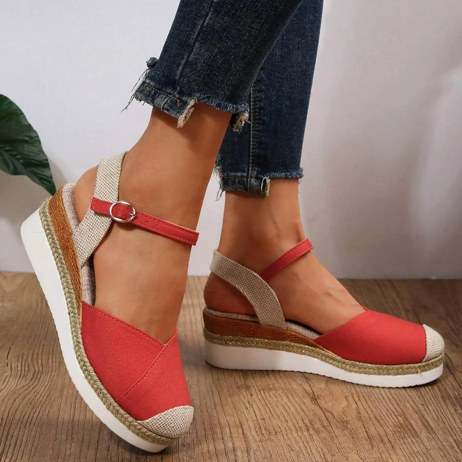 Women's Closed Toe Canvas Espadrilles Wedge Sandals Orthopedic Wedge Platform Ankle Strap Sandal Summer Dressy Wedge Sandals Beach Casual Shoes