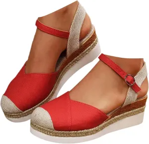 Women's Closed Toe Canvas Espadrilles Wedge Sandals Orthopedic Wedge Platform Ankle Strap Sandal Summer Dressy Wedge Sandals Beach Casual Shoes