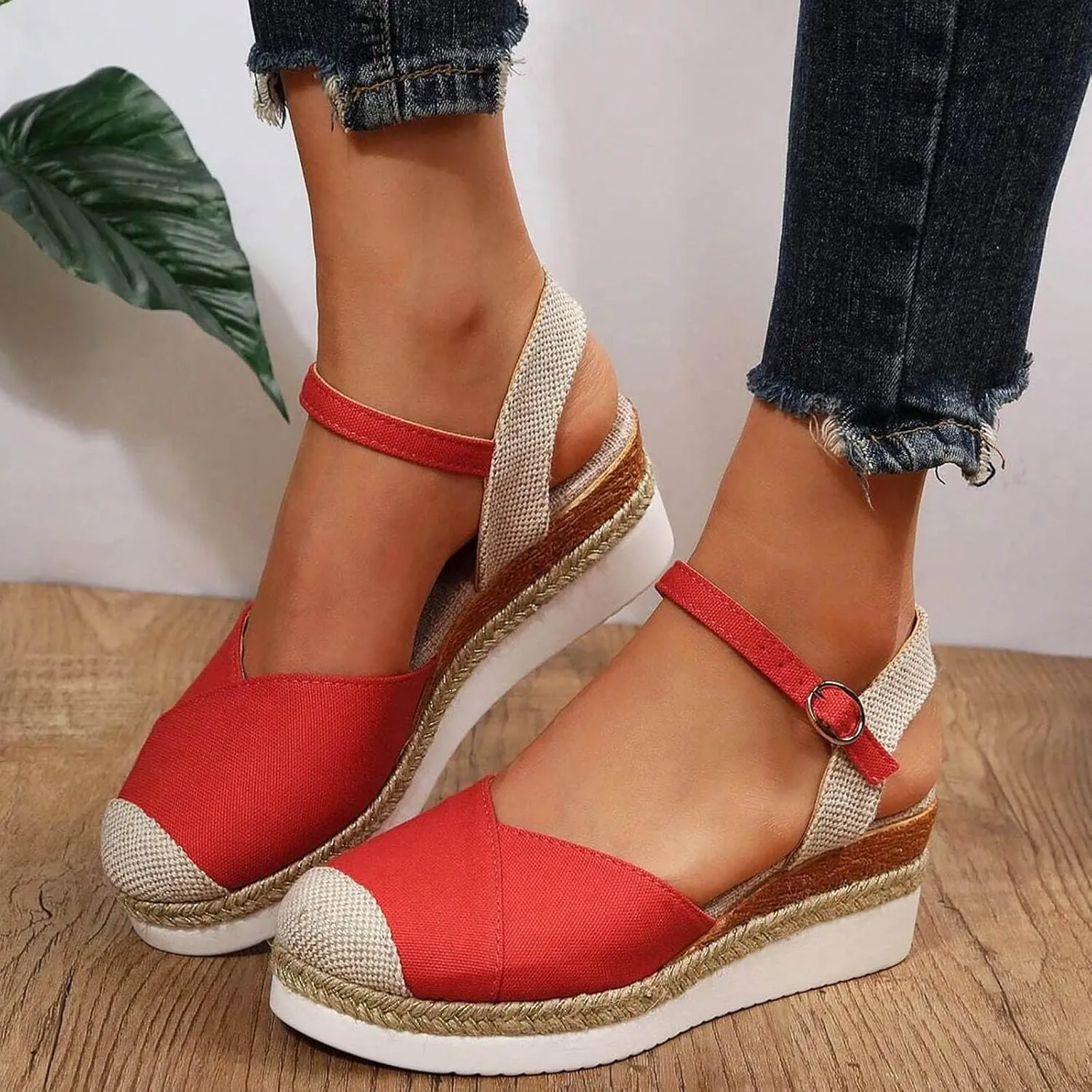 Women's Closed Toe Canvas Espadrilles Wedge Sandals Orthopedic Wedge Platform Ankle Strap Sandal Summer Dressy Wedge Sandals Beach Casual Shoes