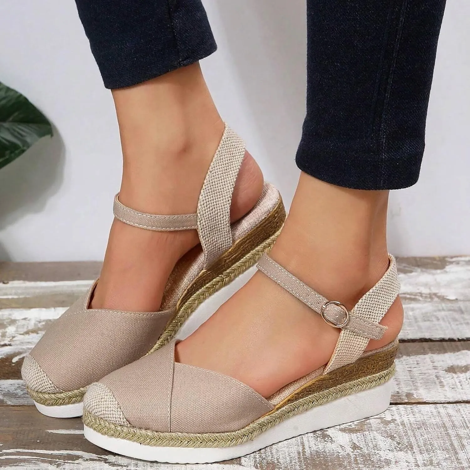 Women's Closed Toe Canvas Espadrilles Wedge Sandals Orthopedic Wedge Platform Ankle Strap Sandal Summer Dressy Wedge Sandals Beach Casual Shoes