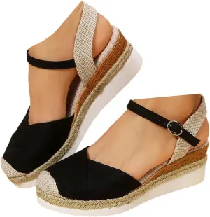 Women's Closed Toe Canvas Espadrilles Wedge Sandals Orthopedic Wedge Platform Ankle Strap Sandal Summer Dressy Wedge Sandals Beach Casual Shoes