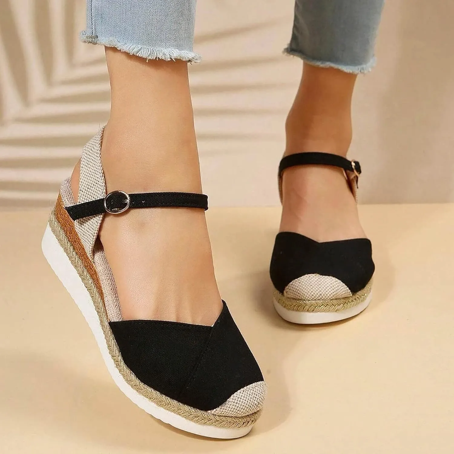 Women's Closed Toe Canvas Espadrilles Wedge Sandals Orthopedic Wedge Platform Ankle Strap Sandal Summer Dressy Wedge Sandals Beach Casual Shoes