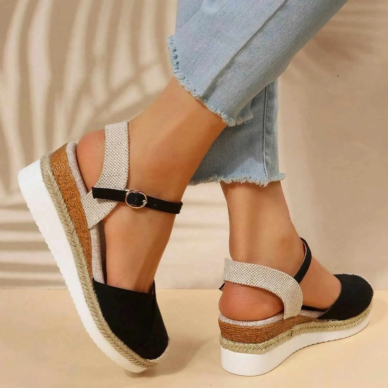 Women's Closed Toe Canvas Espadrilles Wedge Sandals Orthopedic Wedge Platform Ankle Strap Sandal Summer Dressy Wedge Sandals Beach Casual Shoes