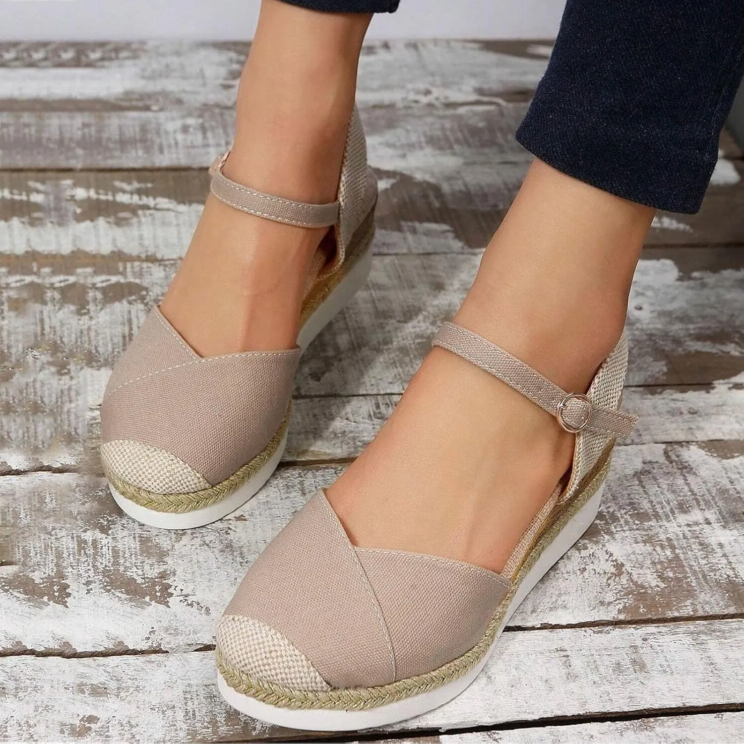 Women's Closed Toe Canvas Espadrilles Wedge Sandals Orthopedic Wedge Platform Ankle Strap Sandal Summer Dressy Wedge Sandals Beach Casual Shoes