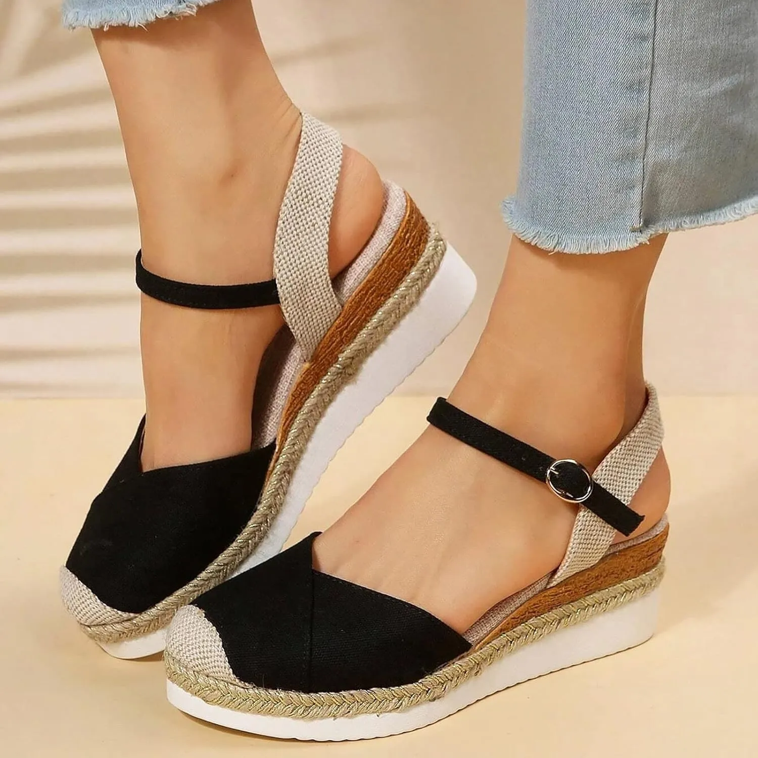 Women's Closed Toe Canvas Espadrilles Wedge Sandals Orthopedic Wedge Platform Ankle Strap Sandal Summer Dressy Wedge Sandals Beach Casual Shoes