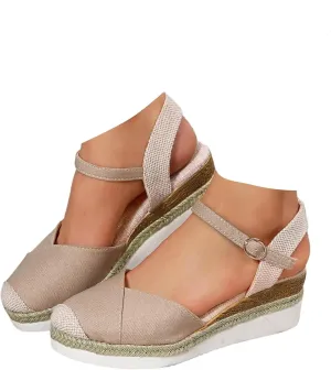 Women's Closed Toe Canvas Espadrilles Wedge Sandals Orthopedic Wedge Platform Ankle Strap Sandal Summer Dressy Wedge Sandals Beach Casual Shoes