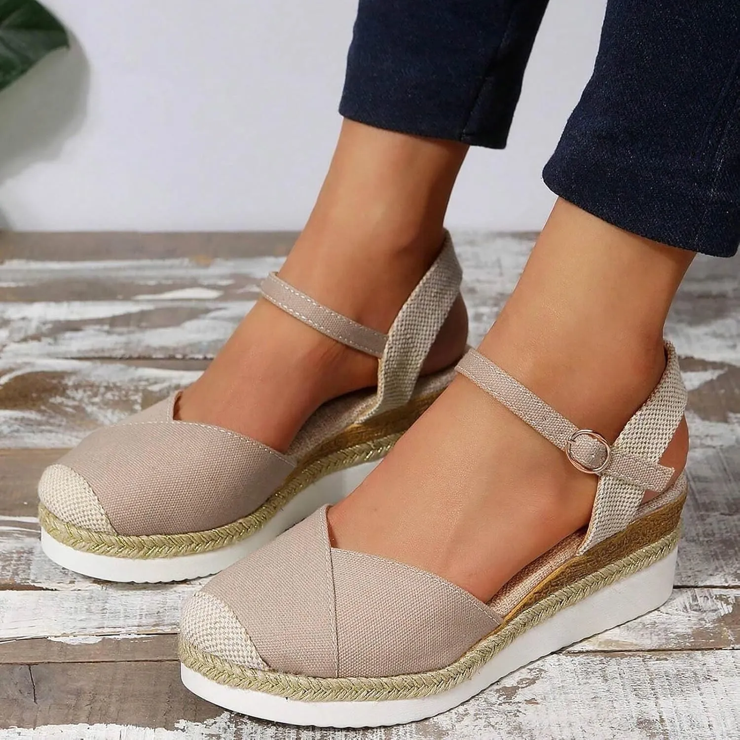 Women's Closed Toe Canvas Espadrilles Wedge Sandals Orthopedic Wedge Platform Ankle Strap Sandal Summer Dressy Wedge Sandals Beach Casual Shoes