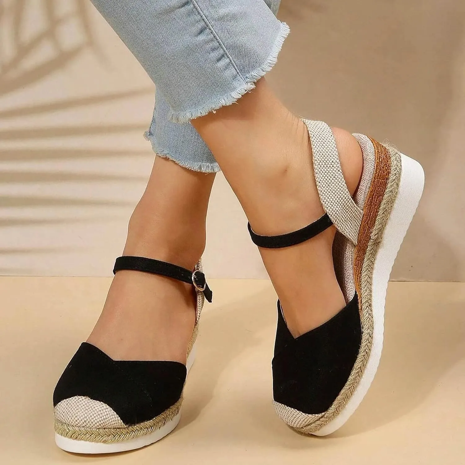 Women's Closed Toe Canvas Espadrilles Wedge Sandals Orthopedic Wedge Platform Ankle Strap Sandal Summer Dressy Wedge Sandals Beach Casual Shoes