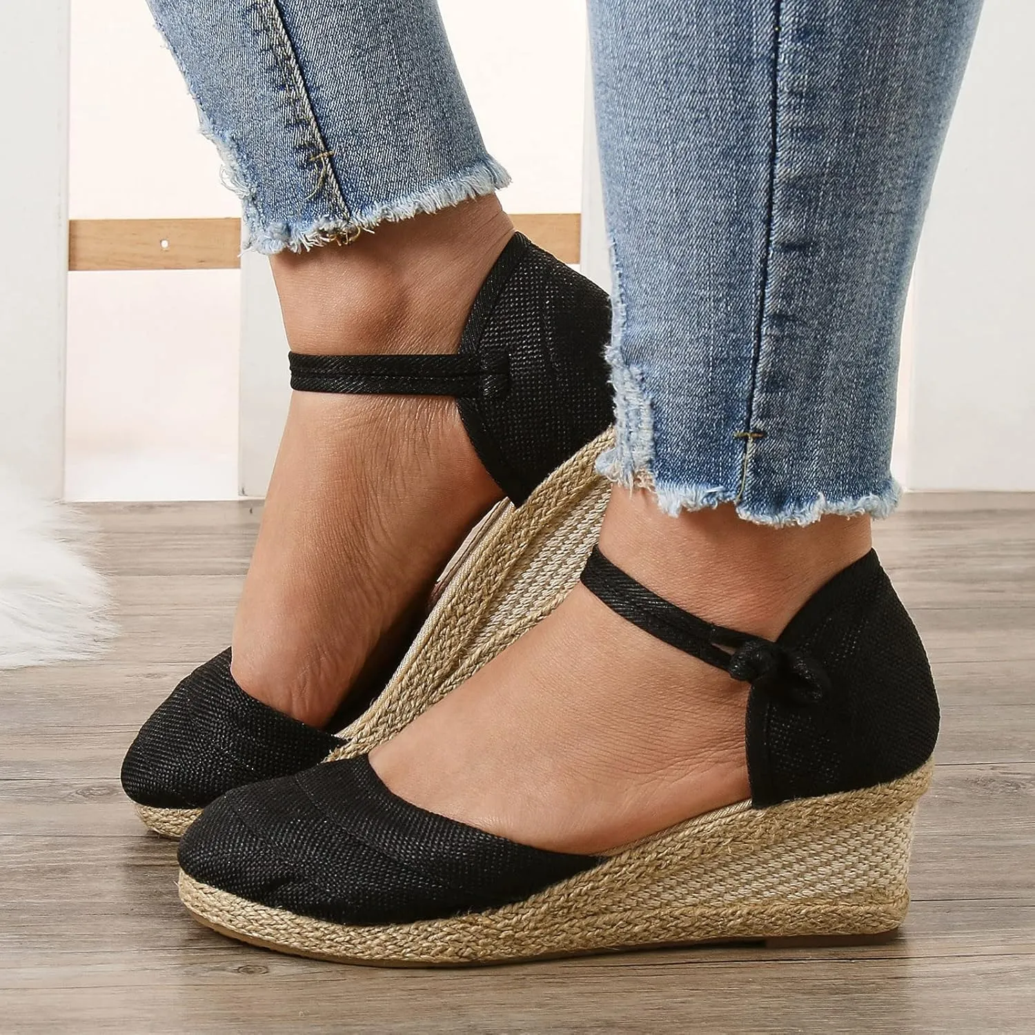 Women's Closed Toe Platform Sandals Summer Buckle Ankle Strap Espadrilles Wedge Sandals For Women Dressy Summer 2024 Low Heel Canvas Espadrilles Platform Sandals Strappy Casual Sandals