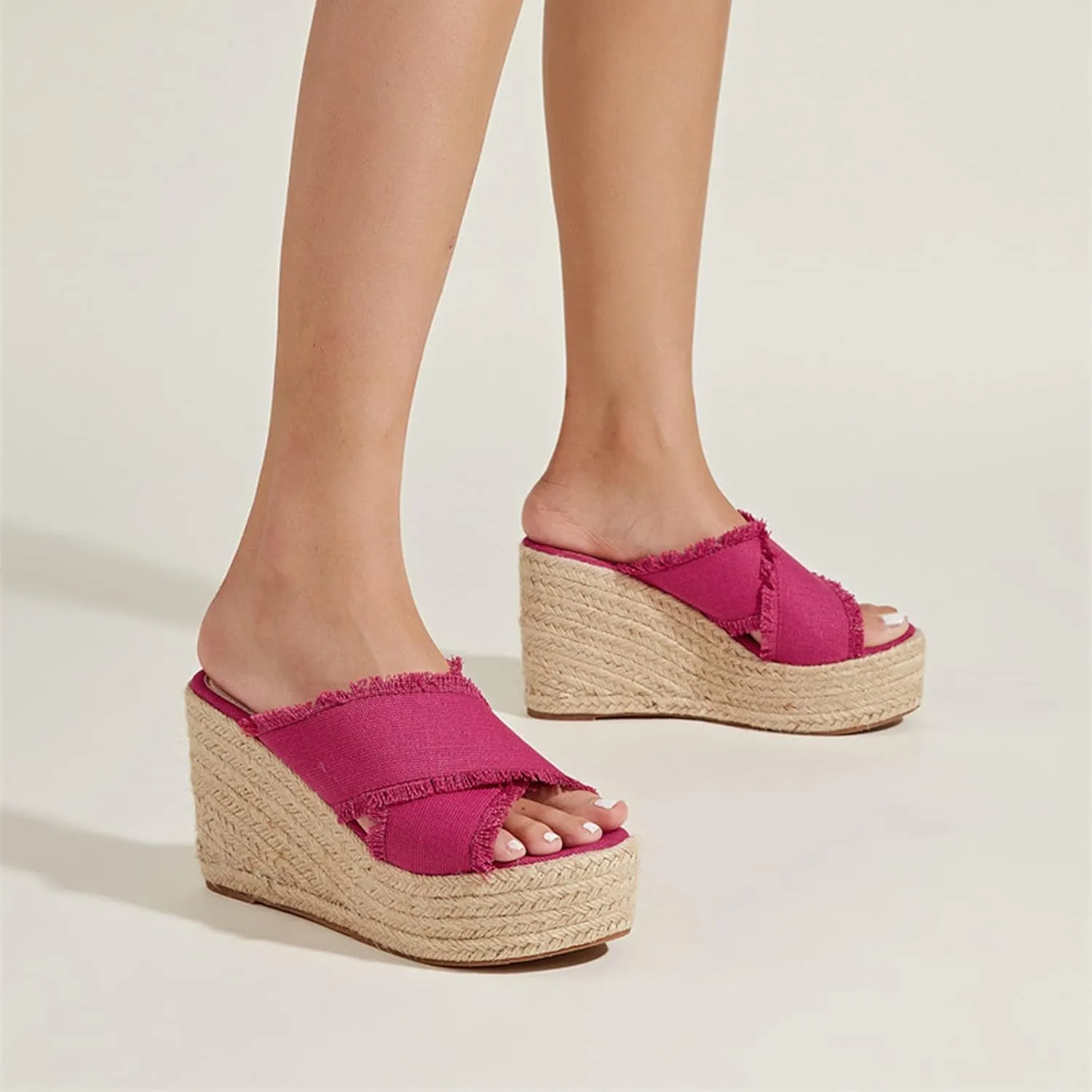 Women's Crisscross Canvas Espadrilles Platform Wedge Sandals,Open Toe Fashion Comfy Breathable High-heeled Slides Summer Outdoor Beach Slippers Sandals