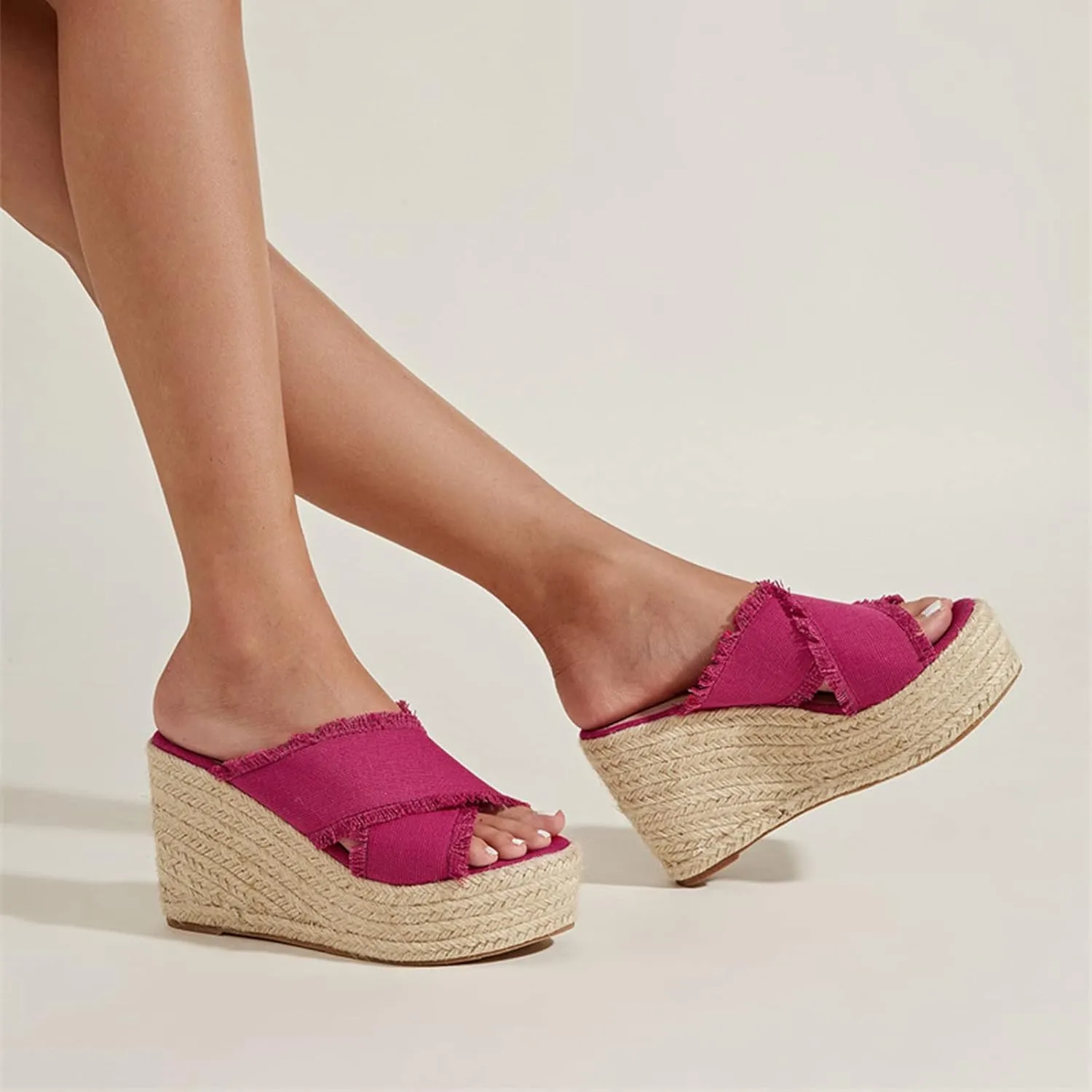 Women's Crisscross Canvas Espadrilles Platform Wedge Sandals,Open Toe Fashion Comfy Breathable High-heeled Slides Summer Outdoor Beach Slippers Sandals
