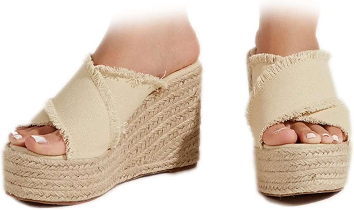 Women's Crisscross Canvas Espadrilles Platform Wedge Sandals,Open Toe Fashion Comfy Breathable High-heeled Slides Summer Outdoor Beach Slippers Sandals
