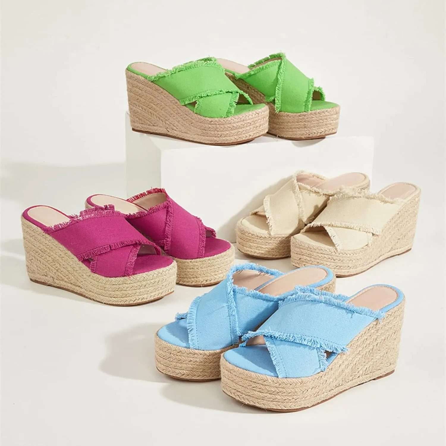 Women's Crisscross Canvas Espadrilles Platform Wedge Sandals,Open Toe Fashion Comfy Breathable High-heeled Slides Summer Outdoor Beach Slippers Sandals