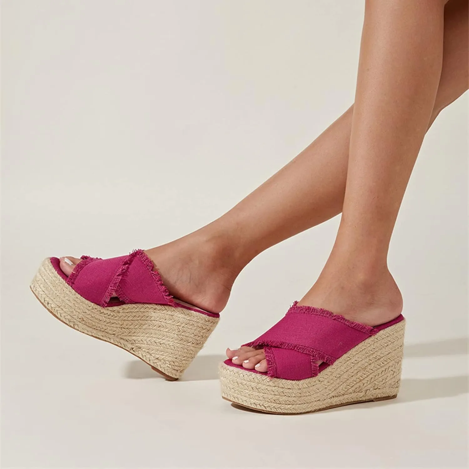 Women's Crisscross Canvas Espadrilles Platform Wedge Sandals,Open Toe Fashion Comfy Breathable High-heeled Slides Summer Outdoor Beach Slippers Sandals