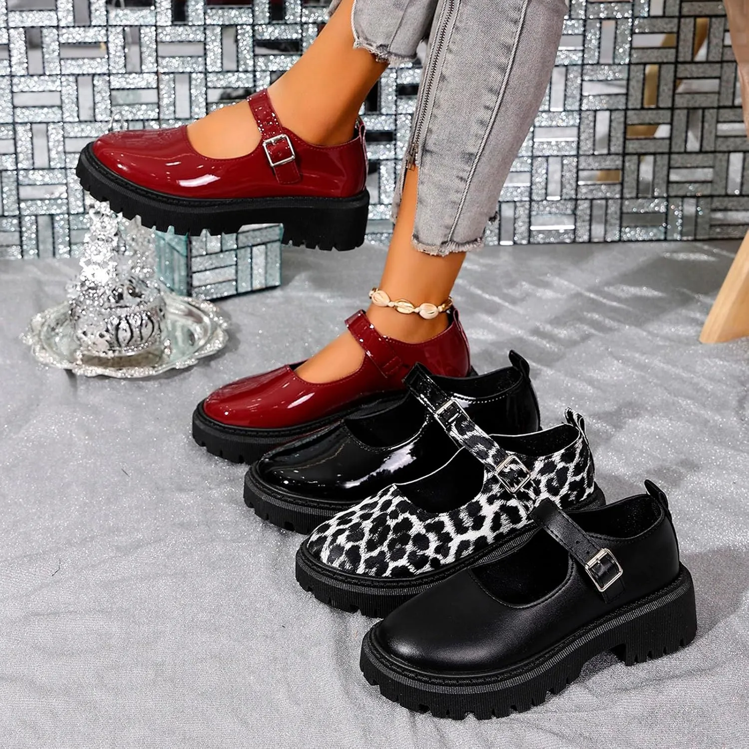 Women's Fashion Solid Color Thick Soled Leather Casual Shoes Temperament Comfortable Buckle Chunky High Top Sneaker