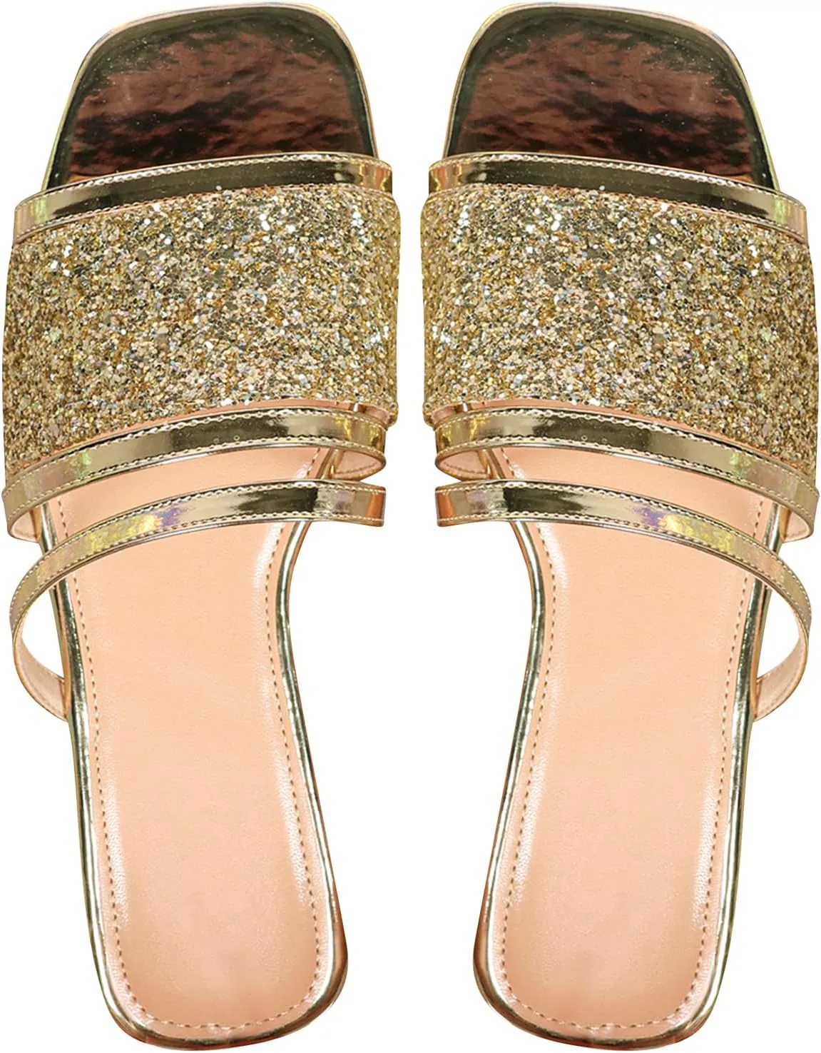 Women's Glitter Sequin Flat Sandals Metallic Open Toe Dressy Slippers Casual Slip Ons