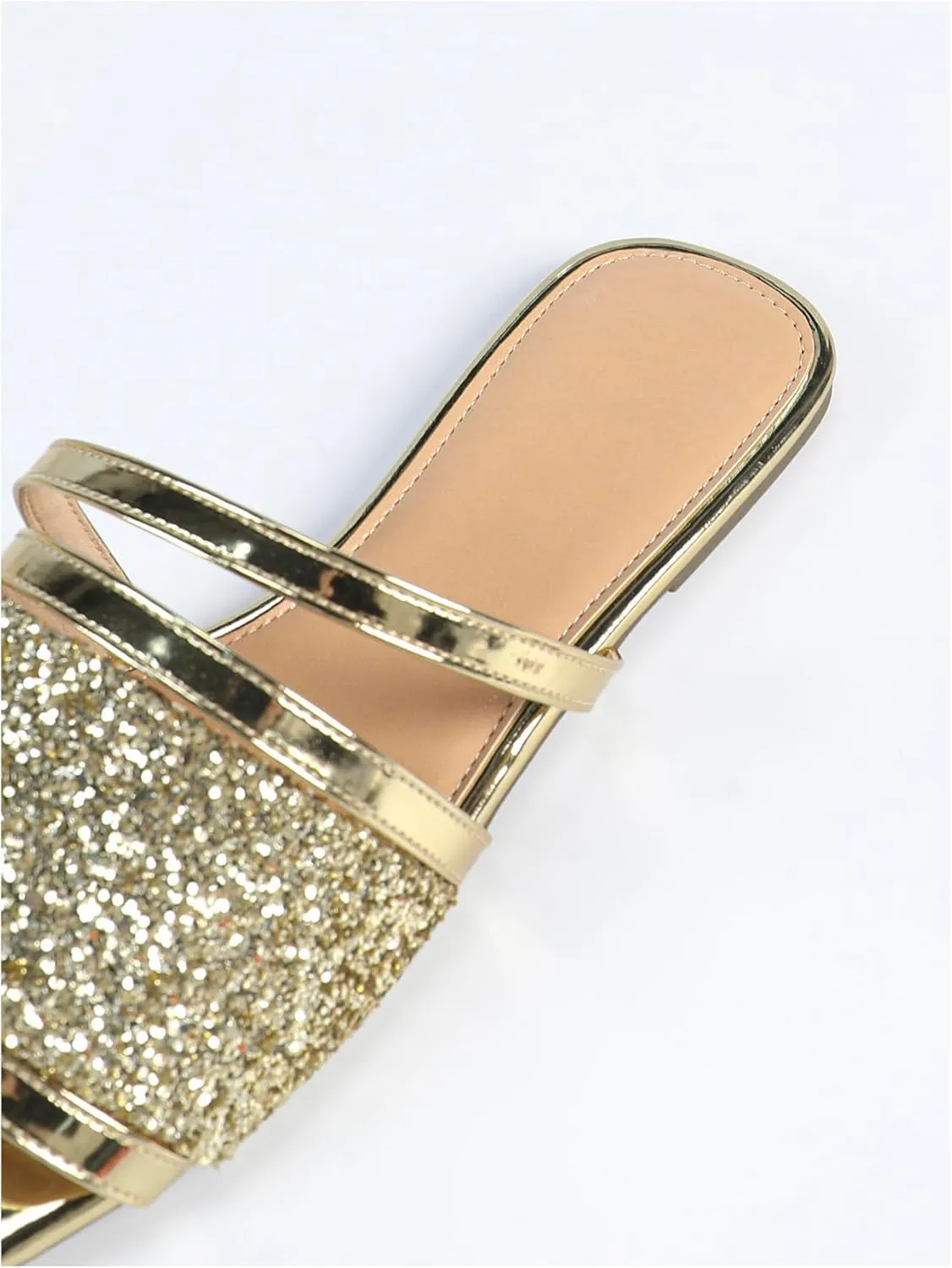 Women's Glitter Sequin Flat Sandals Metallic Open Toe Dressy Slippers Casual Slip Ons