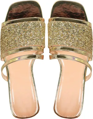 Women's Glitter Sequin Flat Sandals Metallic Open Toe Dressy Slippers Casual Slip Ons